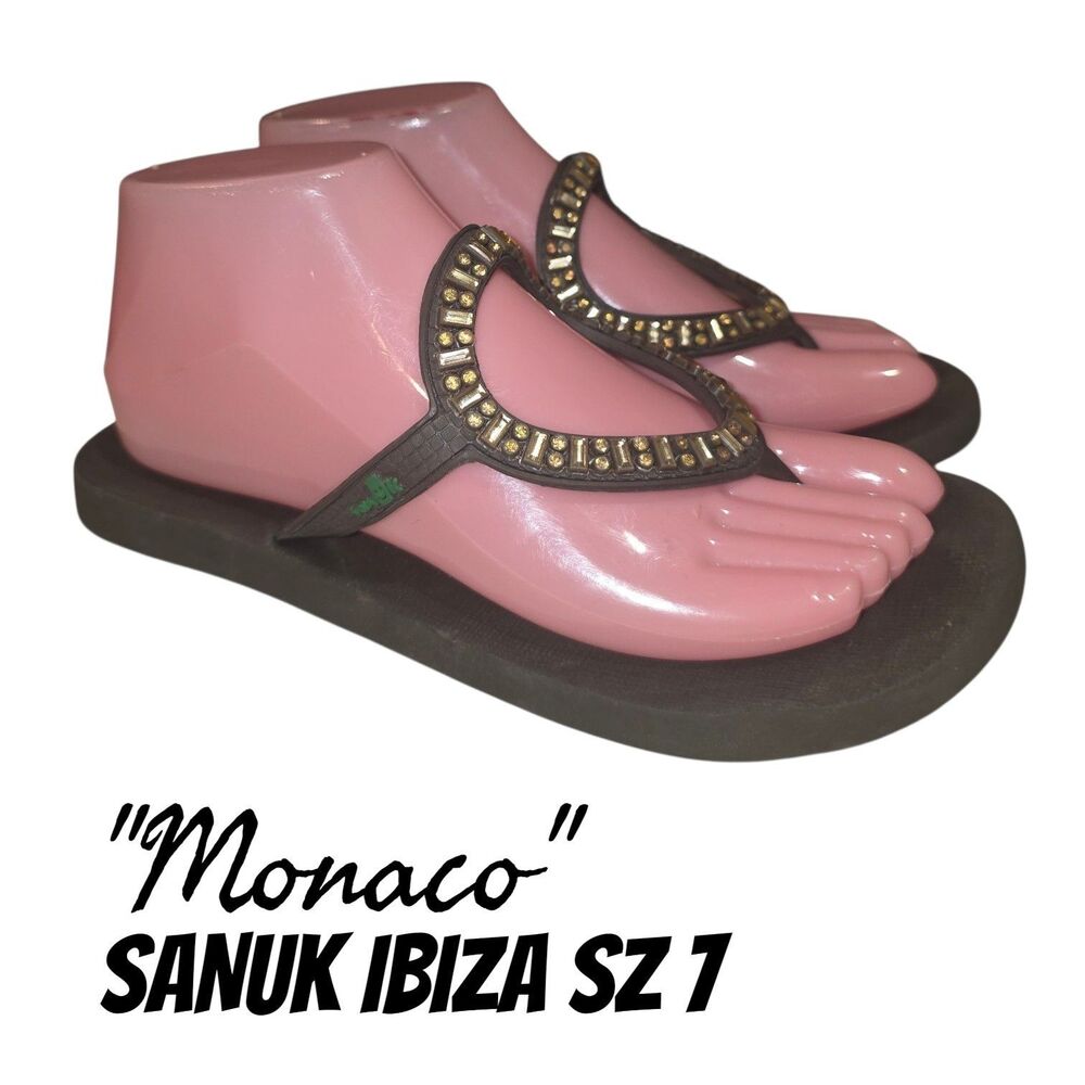 Sanuk Ibiza Monaco Sz 7 Beaded Center Detail Brown Flip Flop Style Boho Sandals